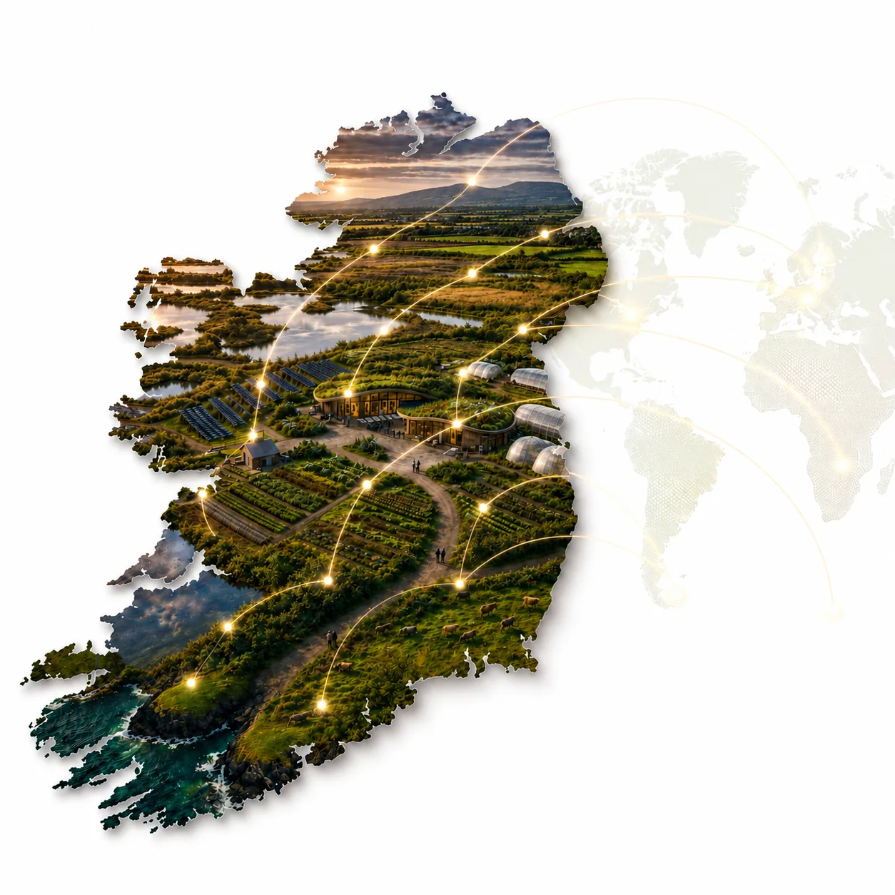 Ireland shown as a single productive landscape — fields, water, greenhouses and a working food centre — with points of light across the island linked by arcs reaching out to a faint world map beyond it.